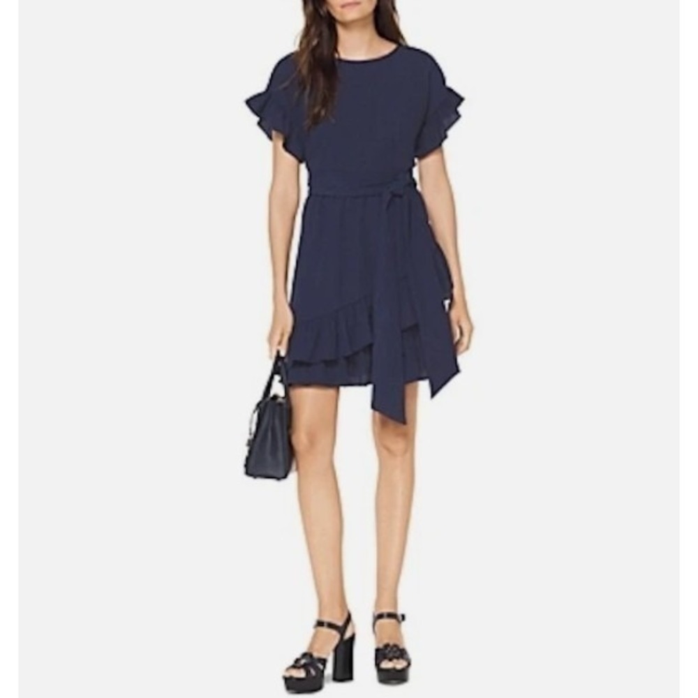 Michael Michael Kors Navy Blue Ruffle Sleeve Tiered Mini‎ Dress XS Belted